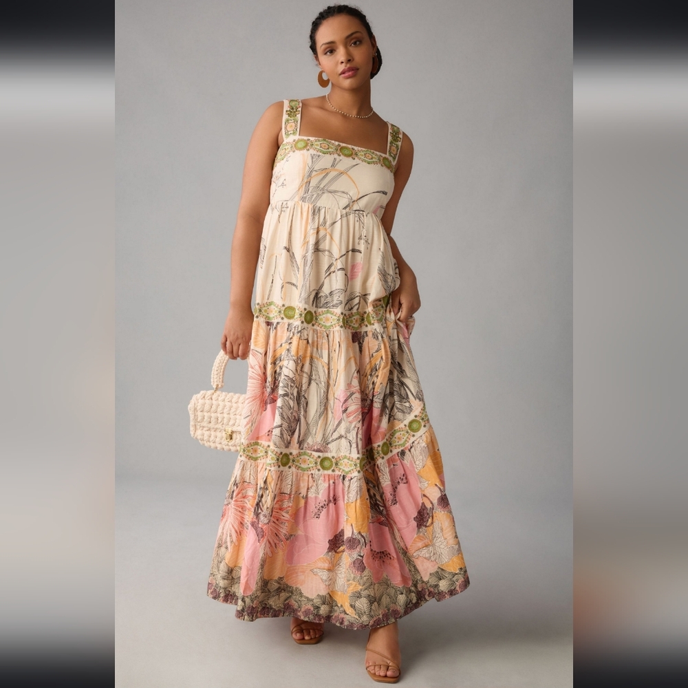 Anthropologie Cream, Pink & Yellow Floral Maxi Dress